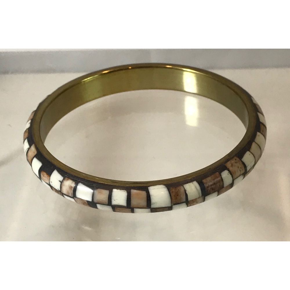 VTG Brass Brown Ivory Bone Inlay Bracelet - Picture 5 of 6